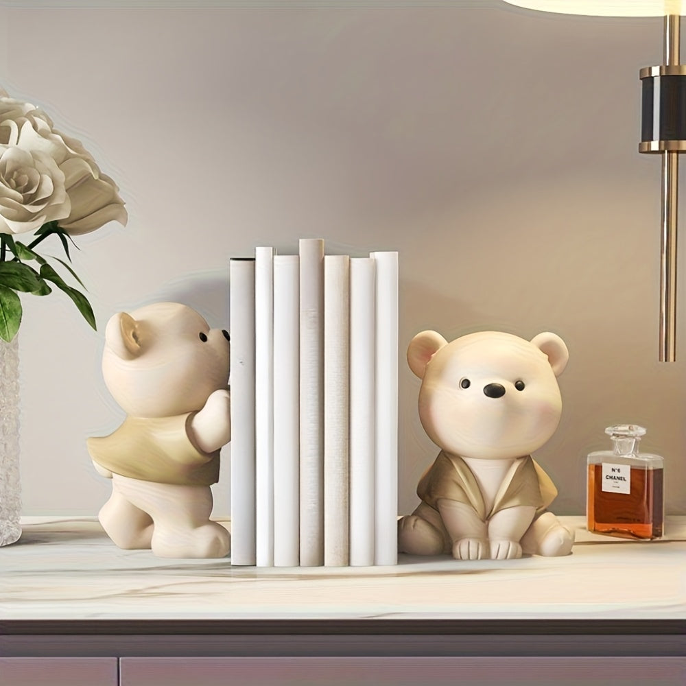 1pair (2pcs) of unique cute resin squatting bear decorative bookends, can store books magazines CDs, home office desktop bookshelf bedside table decor, graduation season Thanksgiving Christmas birthday housewarming gift