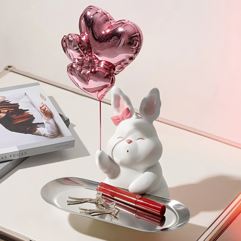 1pc Cute Bunny Decoration with Heart - Elegant Home Decor, Resin Tabletop Decor with Tray, Wedding Gift, Valentine's Day Present, for Living Room, Desk, Shelf - No Electricity Needed