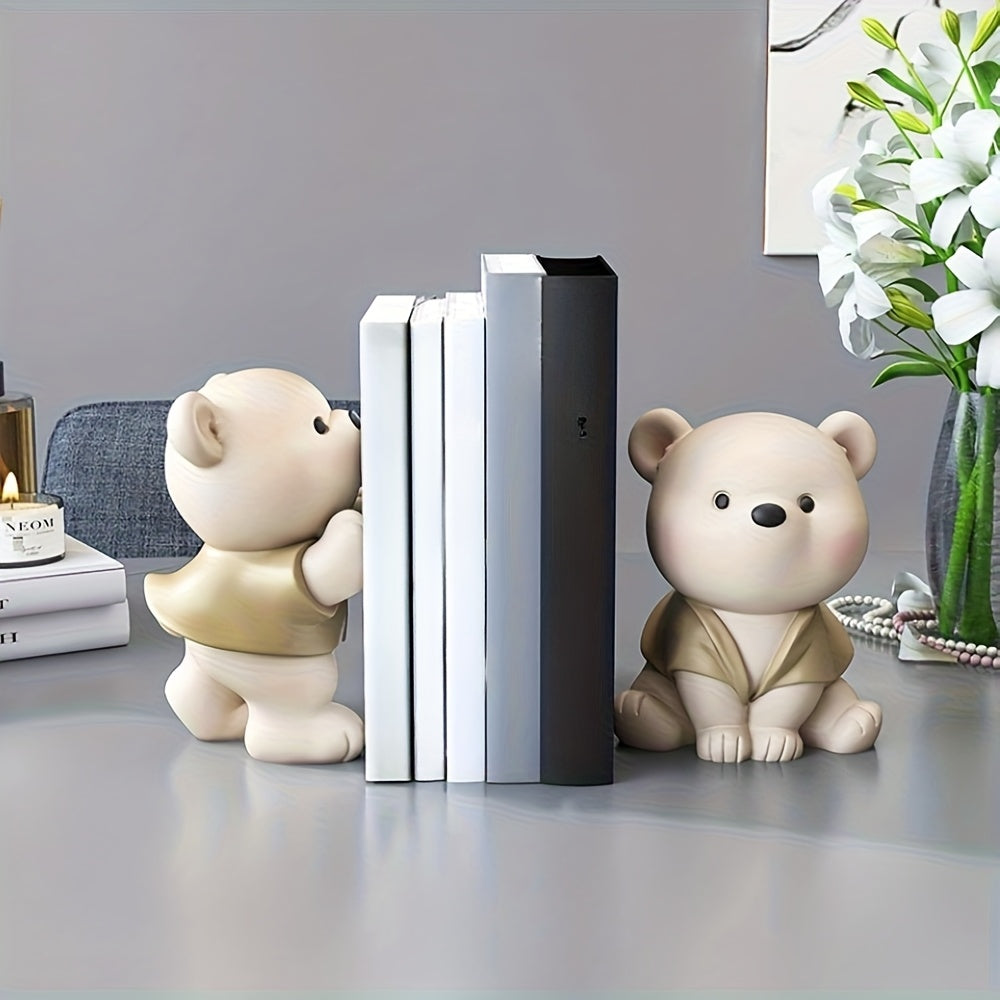 1pair (2pcs) of unique cute resin squatting bear decorative bookends, can store books magazines CDs, home office desktop bookshelf bedside table decor, graduation season Thanksgiving Christmas birthday housewarming gift