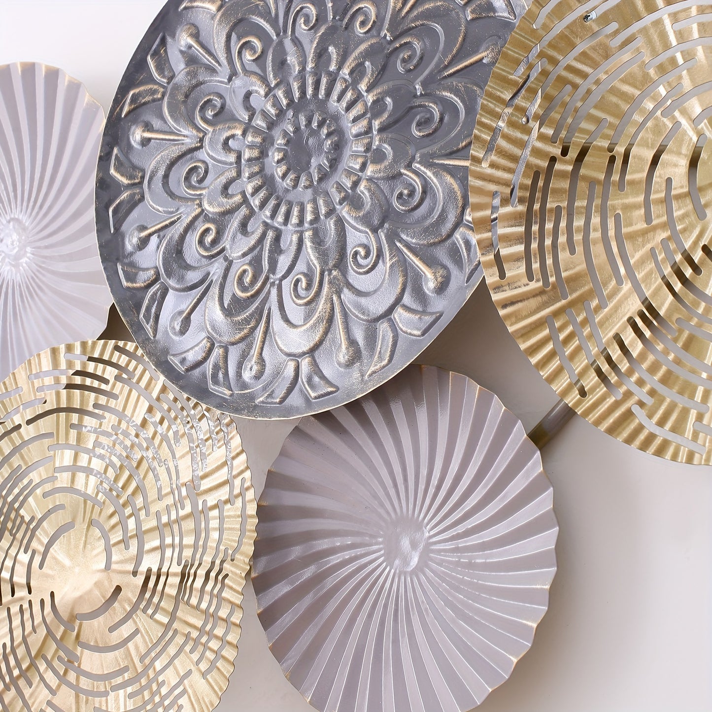 Modern Iron Wall Art Decor - Circular Metal Wall Hanging with Geometric Patterns, White & Golden Finish