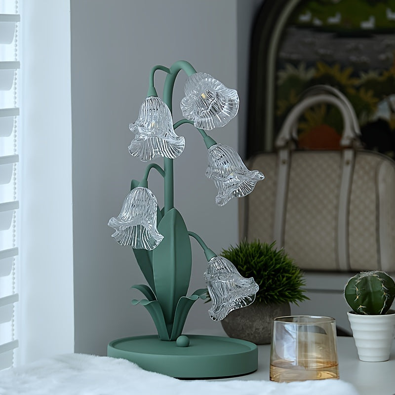 Green Floral Table Lamp - Crystal Glass Shade, Sturdy Iron Frame, USB Powered, Anti-Slip Base for Bedroom, Desk, Study