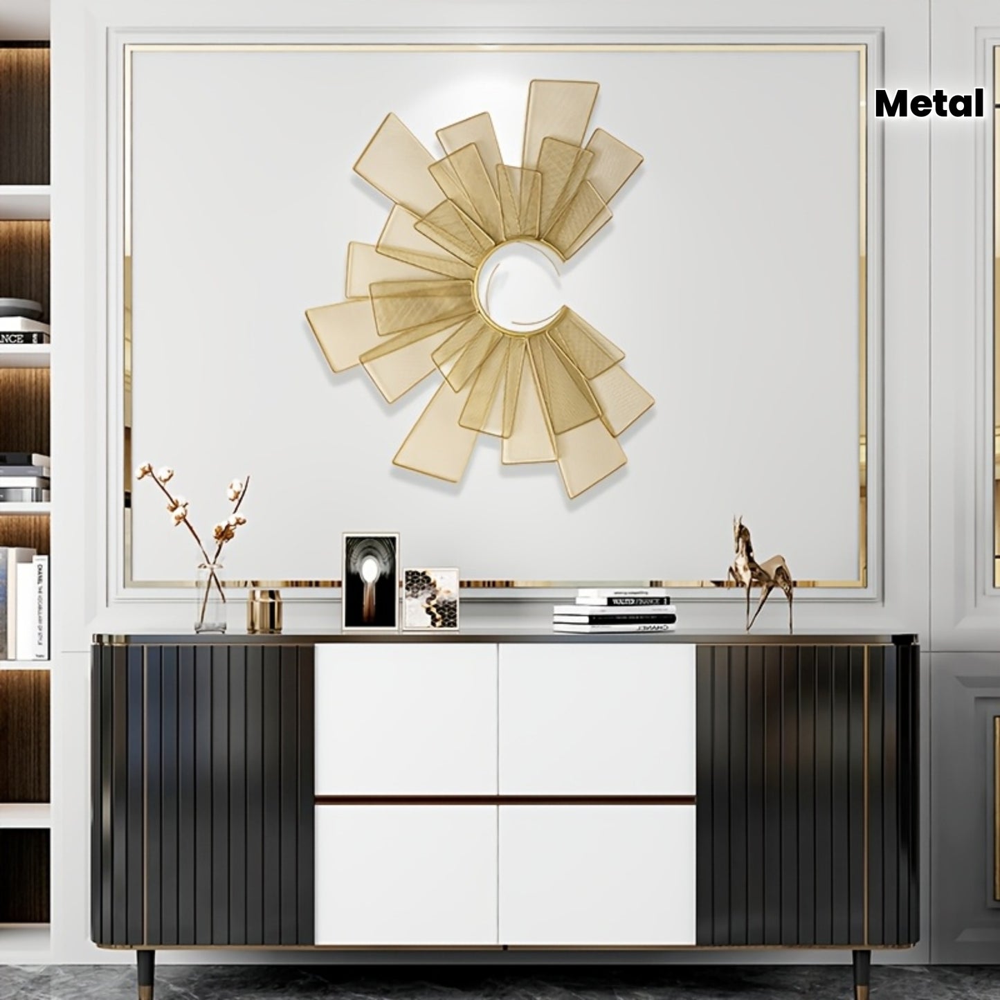 Contemporary Geometric Metal Wall Art, Abstract Golden Fantasy Themed Sculpture