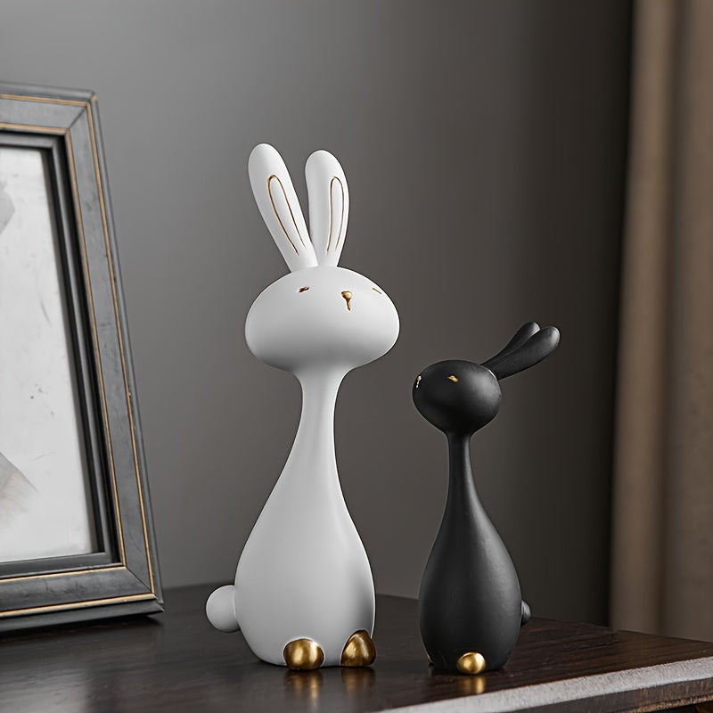 2 pcs Anime-Inspired Resin Bunny Statue Set - Black & White, Charming Gift for Home Decor, Indoor Use, Ideal for Holidays