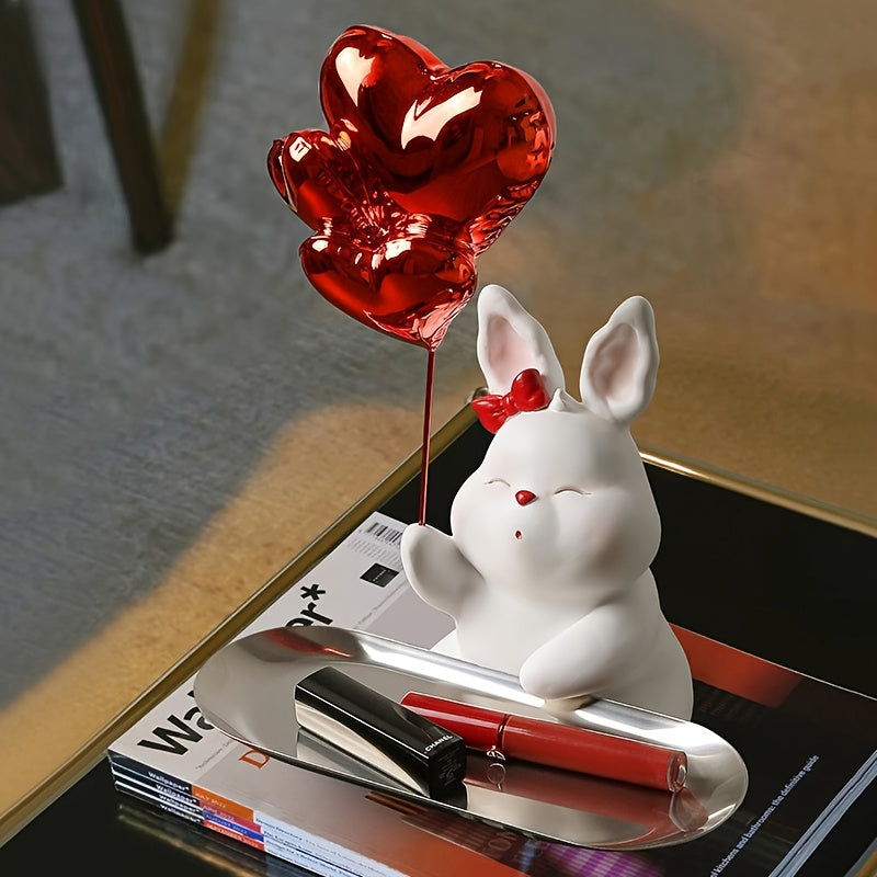 1pc Cute Bunny Decoration with Heart - Elegant Home Decor, Resin Tabletop Decor with Tray, Wedding Gift, Valentine's Day Present, for Living Room, Desk, Shelf - No Electricity Needed