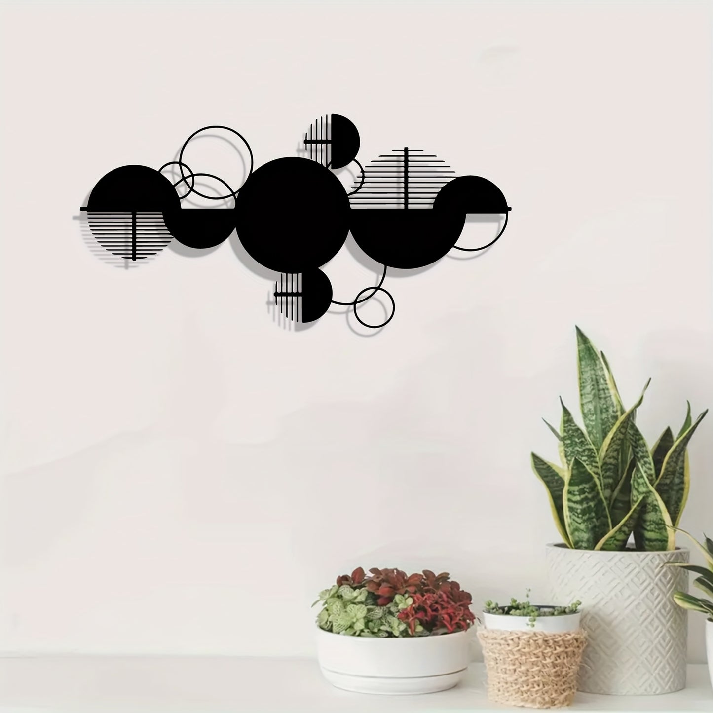 Modern Metal Wall Decor 1pc Modern Minimalist Metal Wall Decor - Black & White Geometric Circle Art with Horizontal Overlapping Circles - Powder-Coated Metal Construction - Bedroom
