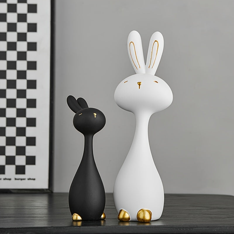 2 pcs Anime-Inspired Resin Bunny Statue Set - Black & White, Charming Gift for Home Decor, Indoor Use, Ideal for Holidays