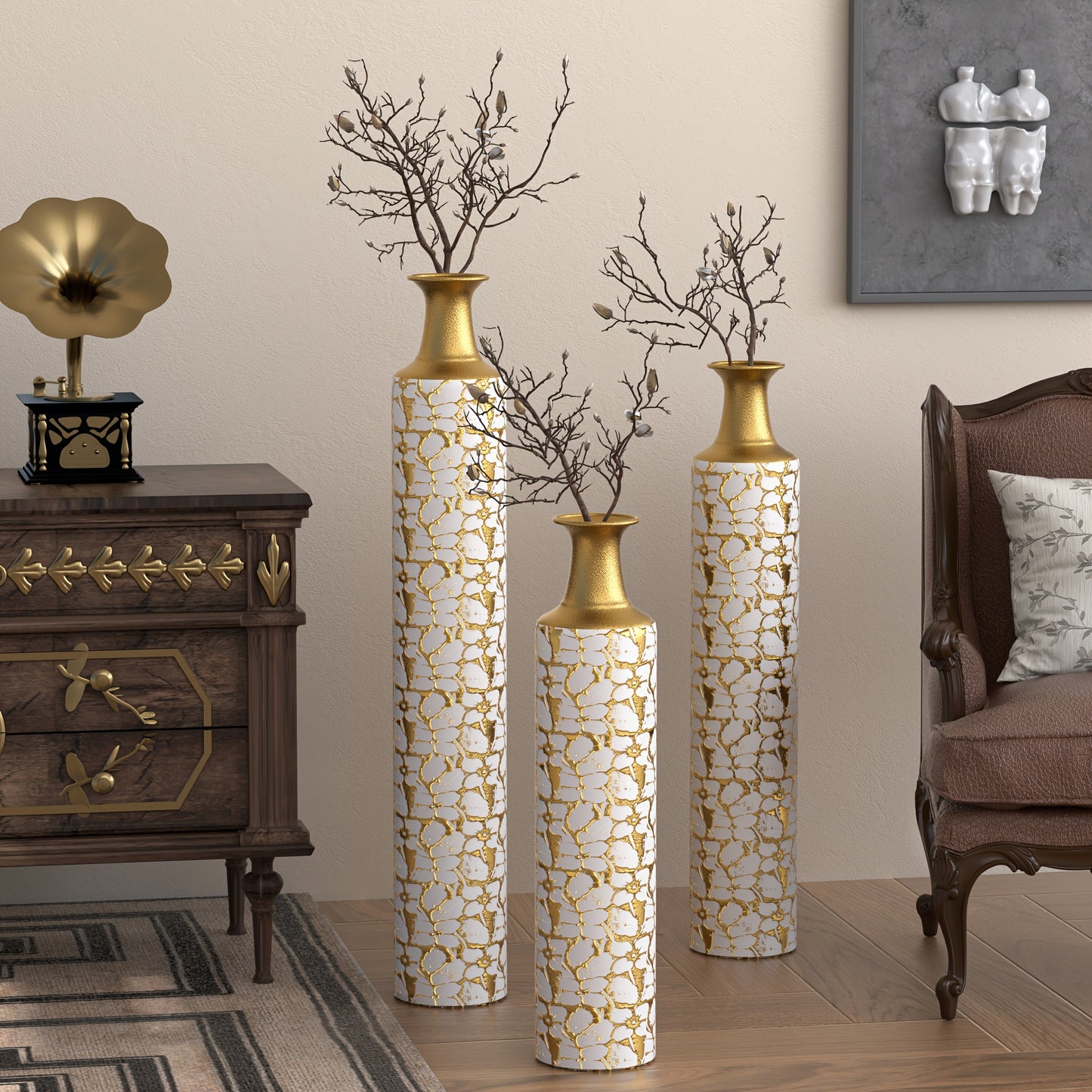 3pcs Set Of Gorgeous Metal Decorative Vases, Various Exquisite Patterned Vases, Home Decoration Flower Pots, Indoor Art Floor Decorations, Flower Arrangement, Fake Flowers, Reed Art, Housewarming Weddings, Mother'S Day Birthdays, Holiday Gifts