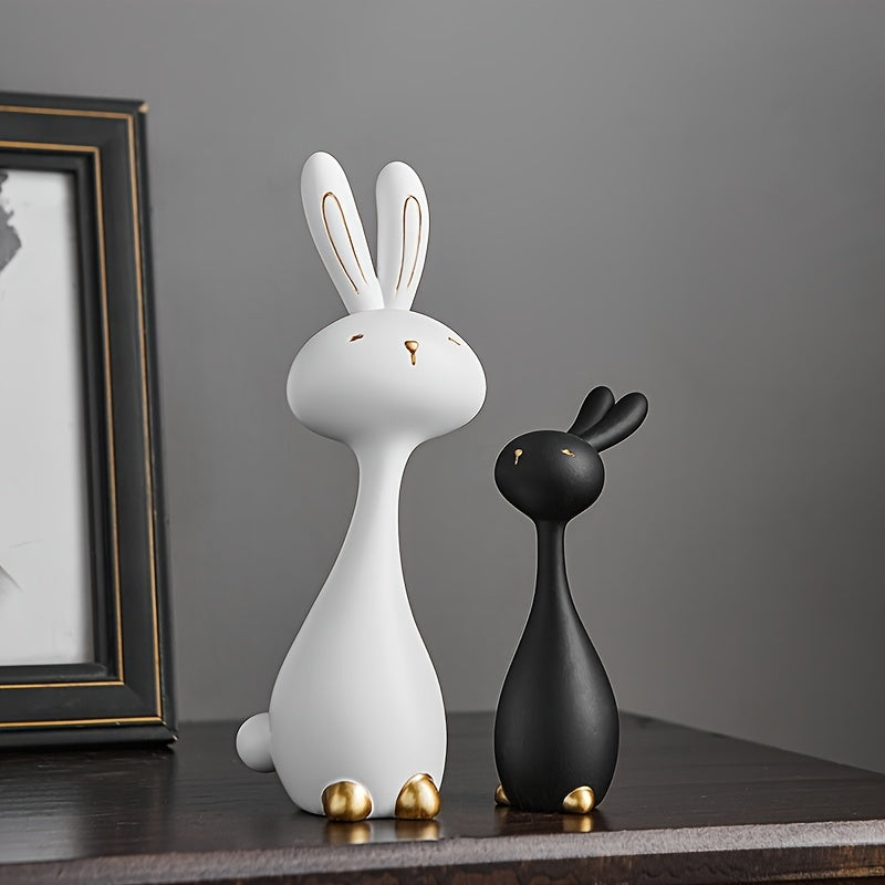 2 pcs Anime-Inspired Resin Bunny Statue Set - Black & White, Charming Gift for Home Decor, Indoor Use, Ideal for Holidays