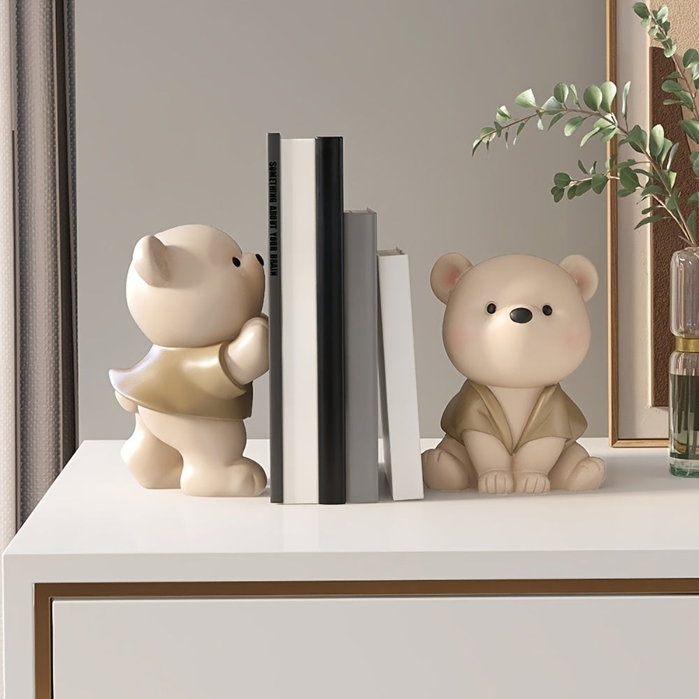 1pair (2pcs) of unique cute resin squatting bear decorative bookends, can store books magazines CDs, home office desktop bookshelf bedside table decor, graduation season Thanksgiving Christmas birthday housewarming gift