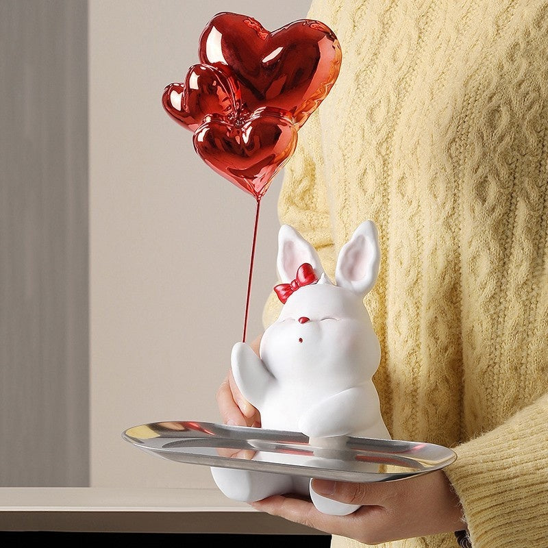 1pc Cute Bunny Decoration with Heart - Elegant Home Decor, Resin Tabletop Decor with Tray, Wedding Gift, Valentine's Day Present, for Living Room, Desk, Shelf - No Electricity Needed