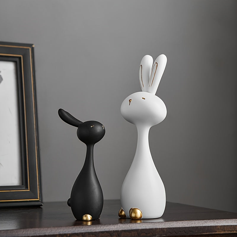 2 pcs Anime-Inspired Resin Bunny Statue Set - Black & White, Charming Gift for Home Decor, Indoor Use, Ideal for Holidays