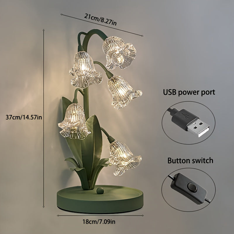 Green Floral Table Lamp - Crystal Glass Shade, Sturdy Iron Frame, USB Powered, Anti-Slip Base for Bedroom, Desk, Study