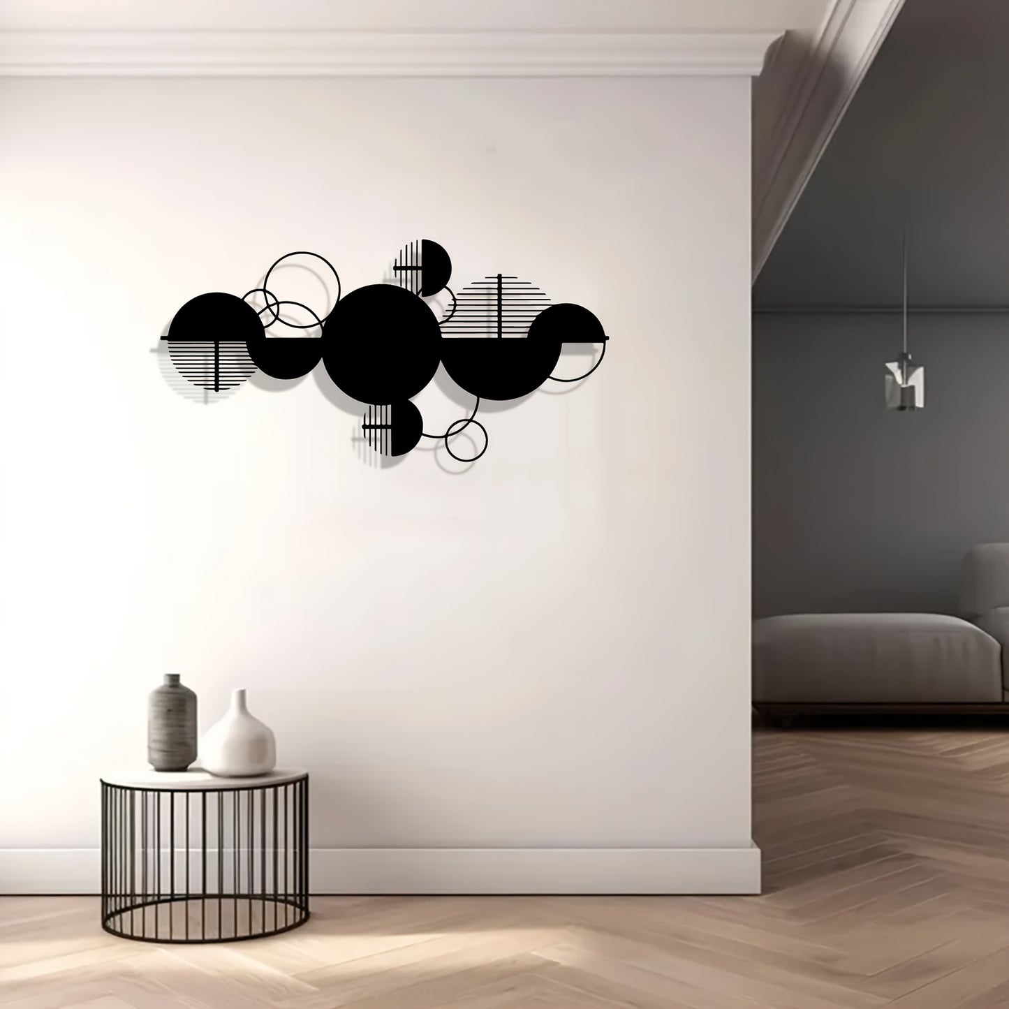 Modern Metal Wall Decor 1pc Modern Minimalist Metal Wall Decor - Black & White Geometric Circle Art with Horizontal Overlapping Circles - Powder-Coated Metal Construction - Bedroom