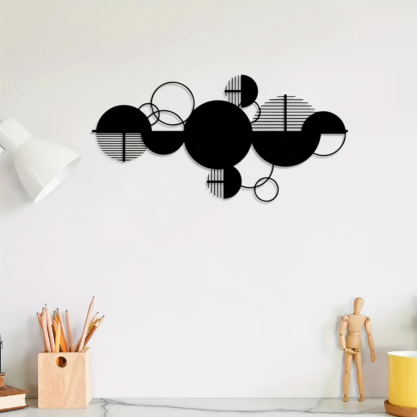 Modern Metal Wall Decor 1pc Modern Minimalist Metal Wall Decor - Black & White Geometric Circle Art with Horizontal Overlapping Circles - Powder-Coated Metal Construction - Bedroom