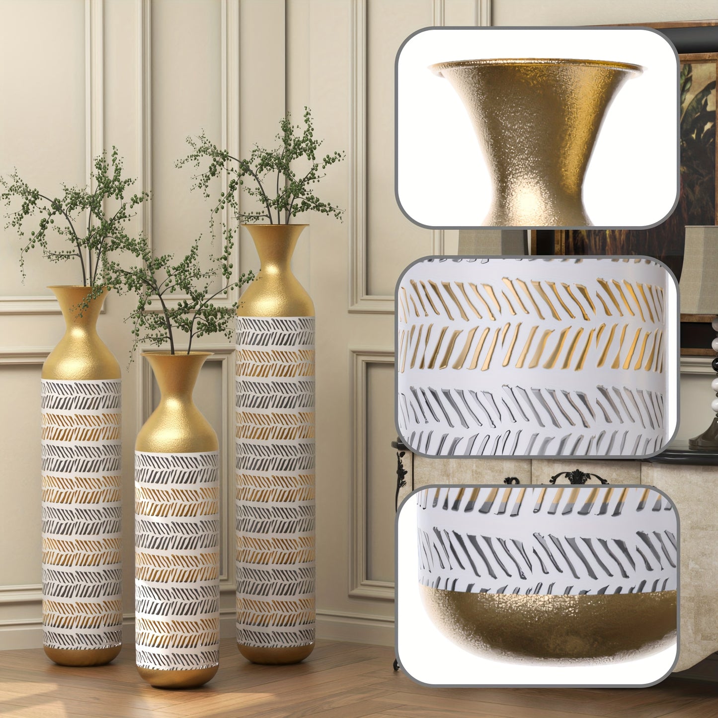 3pcs Set Of Gorgeous Metal Decorative Vases, Various Exquisite Patterned Vases, Home Decoration Flower Pots, Indoor Art Floor Decorations, Flower Arrangement, Fake Flowers, Reed Art, Housewarming Weddings, Mother'S Day Birthdays, Holiday Gifts