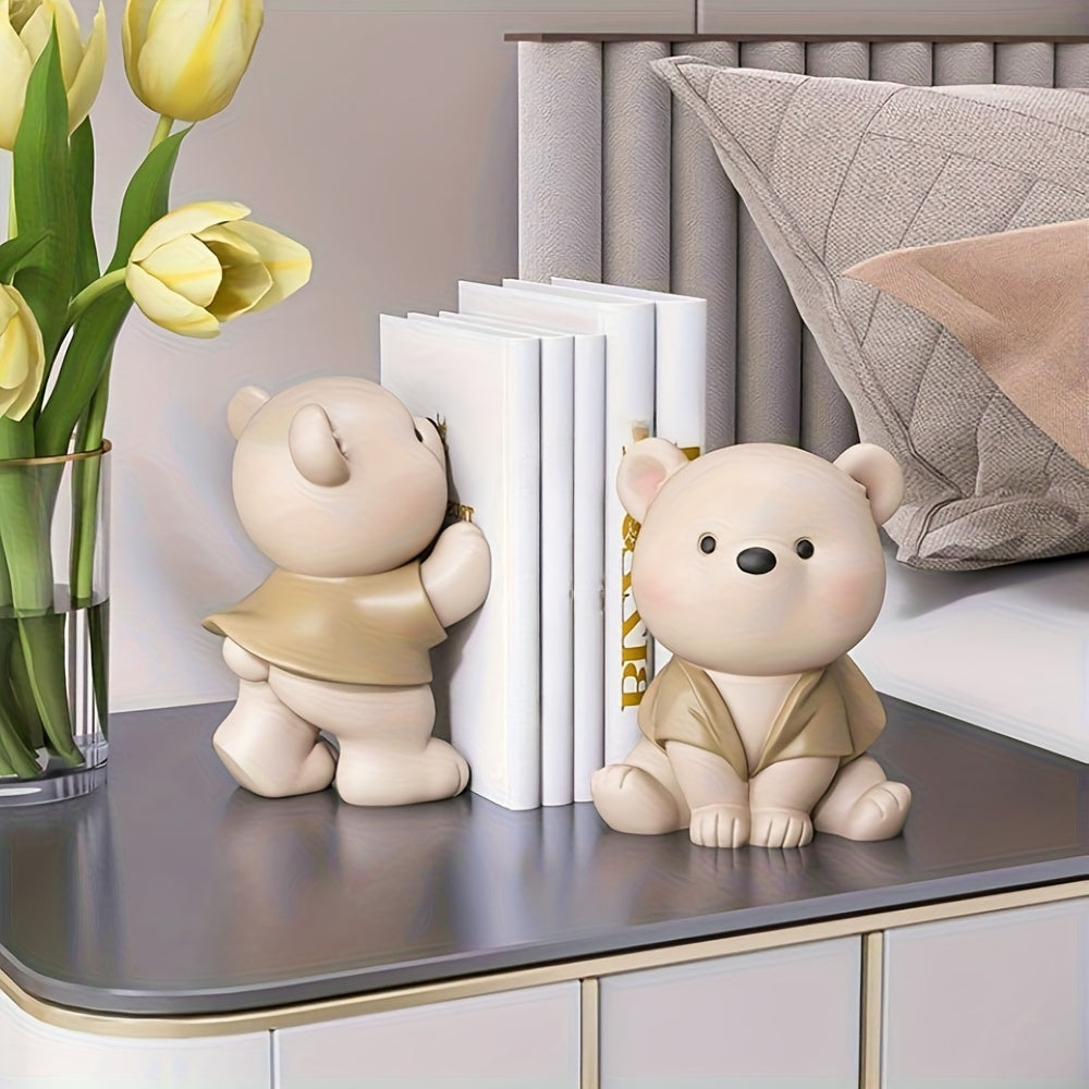 1pair (2pcs) of unique cute resin squatting bear decorative bookends, can store books magazines CDs, home office desktop bookshelf bedside table decor, graduation season Thanksgiving Christmas birthday housewarming gift