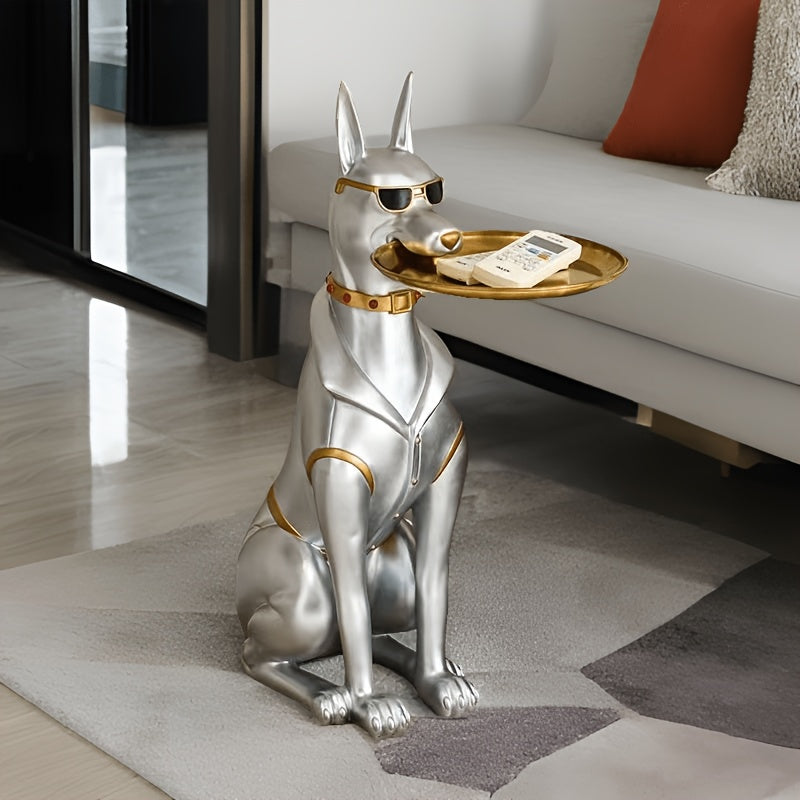 1pc Classic Resin Doberman Dog Sculpture with Tray - Abstract Animal Theme, Encaustic Finish, Ideal for Living Room Decor, Versatile Use, Perfect Gift for Christmas, Halloween, Easter, Mother's Day, Perfect for Thanksgiving