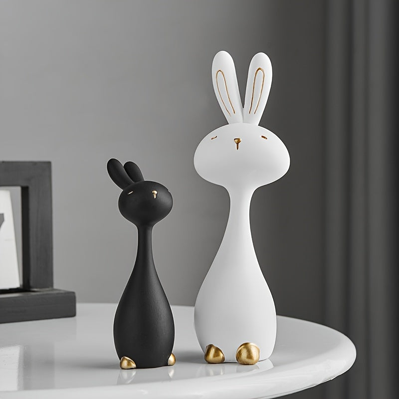 2 pcs Anime-Inspired Resin Bunny Statue Set - Black & White, Charming Gift for Home Decor, Indoor Use, Ideal for Holidays