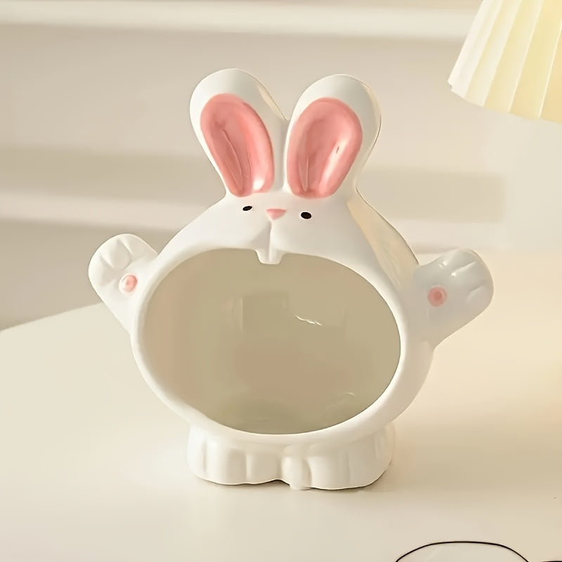Cute Bunny Figurine Cute White Ceramic Bunny Figurine with Pink Accents | Easter Decorative Statue, Key & Candy Holder for Home or Office, Perfect Gift for Easter, Birthdays, Valentine's Day & Thanksgiving