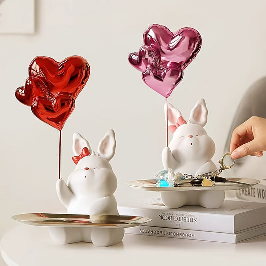 1pc Cute Bunny Decoration with Heart - Elegant Home Decor, Resin Tabletop Decor with Tray, Wedding Gift, Valentine's Day Present, for Living Room, Desk, Shelf - No Electricity Needed
