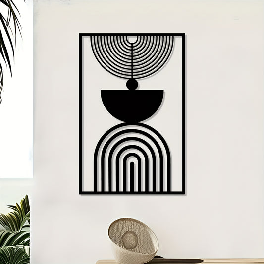 1pc Modern Geometric Abstract Line Metal Wall Art - Black Iron Space Theme Decor with Concentric Circles & Arcs