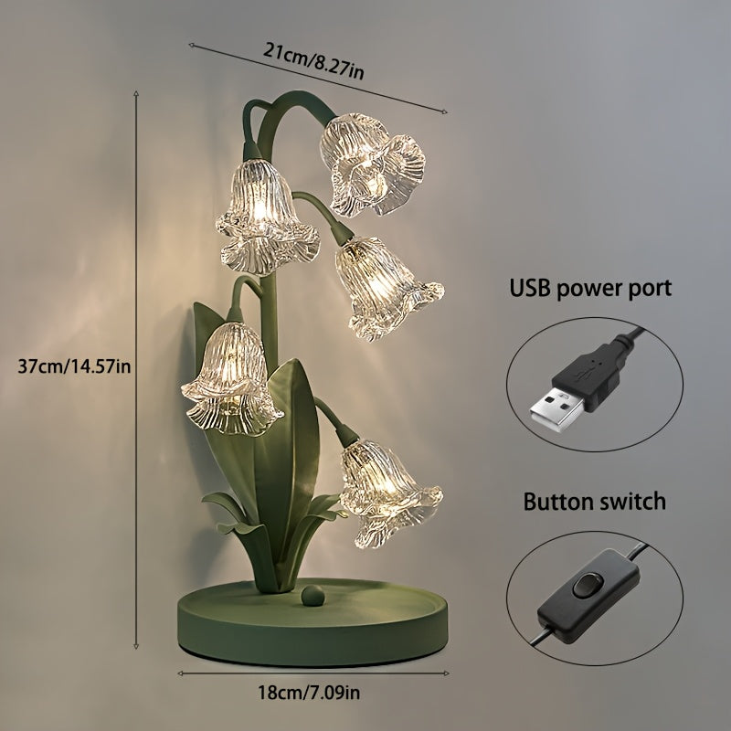 Green Floral Table Lamp - Crystal Glass Shade, Sturdy Iron Frame, USB Powered, Anti-Slip Base for Bedroom, Desk, Study