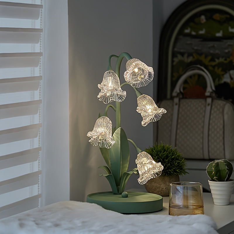 Green Floral Table Lamp - Crystal Glass Shade, Sturdy Iron Frame, USB Powered, Anti-Slip Base for Bedroom, Desk, Study
