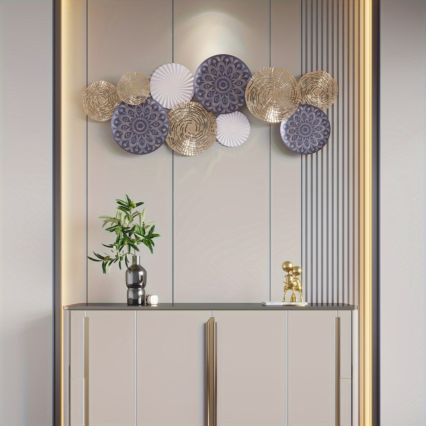 Modern Iron Wall Art Decor - Circular Metal Wall Hanging with Geometric Patterns, White & Golden Finish