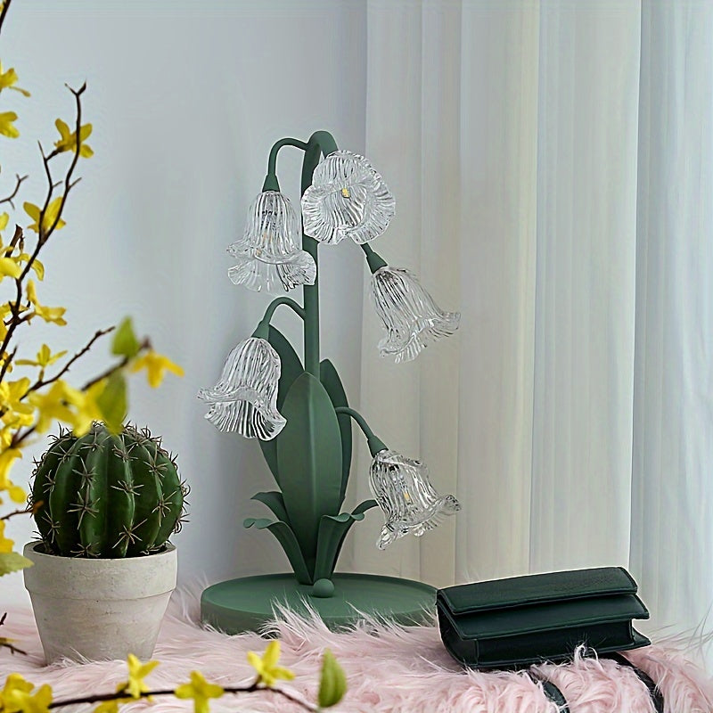 Green Floral Table Lamp - Crystal Glass Shade, Sturdy Iron Frame, USB Powered, Anti-Slip Base for Bedroom, Desk, Study