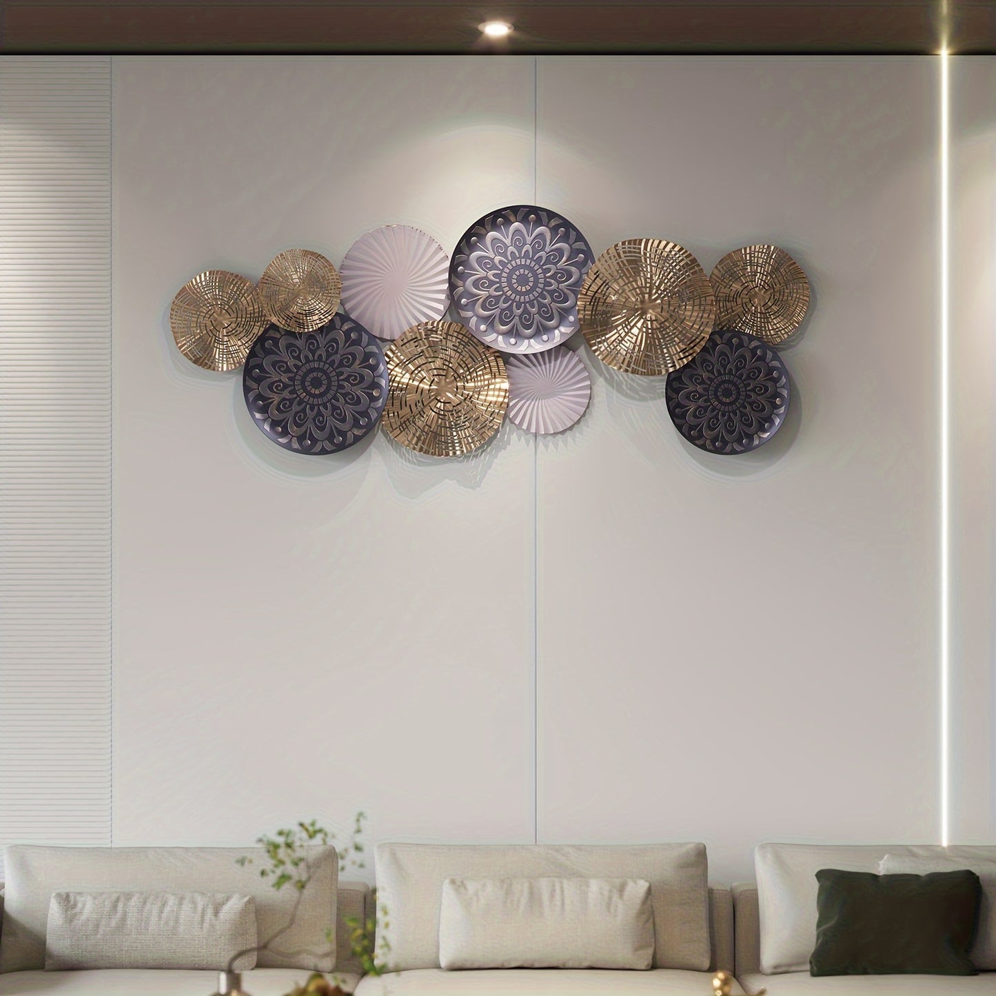Modern Iron Wall Art Decor - Circular Metal Wall Hanging with Geometric Patterns, White & Golden Finish
