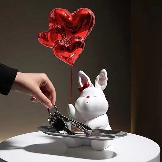 1pc Cute Bunny Decoration with Heart - Elegant Home Decor, Resin Tabletop Decor with Tray, Wedding Gift, Valentine's Day Present, for Living Room, Desk, Shelf - No Electricity Needed