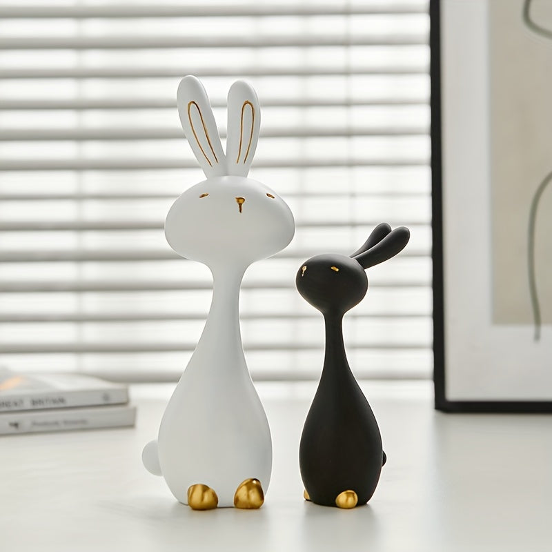 2 pcs Anime-Inspired Resin Bunny Statue Set - Black & White, Charming Gift for Home Decor, Indoor Use, Ideal for Holidays