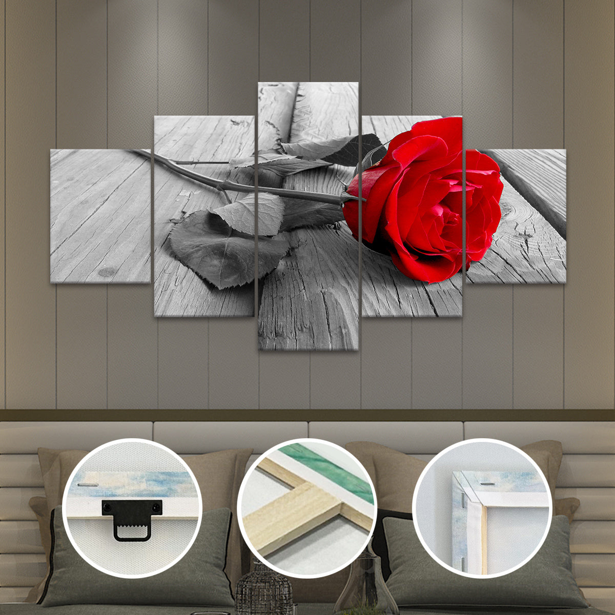 5-Piece Red Rose & Black and White Floral Canvas Wall Art Set
