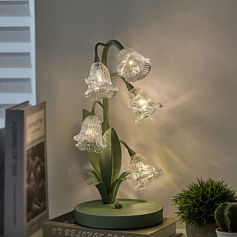 Green Floral Table Lamp - Crystal Glass Shade, Sturdy Iron Frame, USB Powered, Anti-Slip Base for Bedroom, Desk, Study