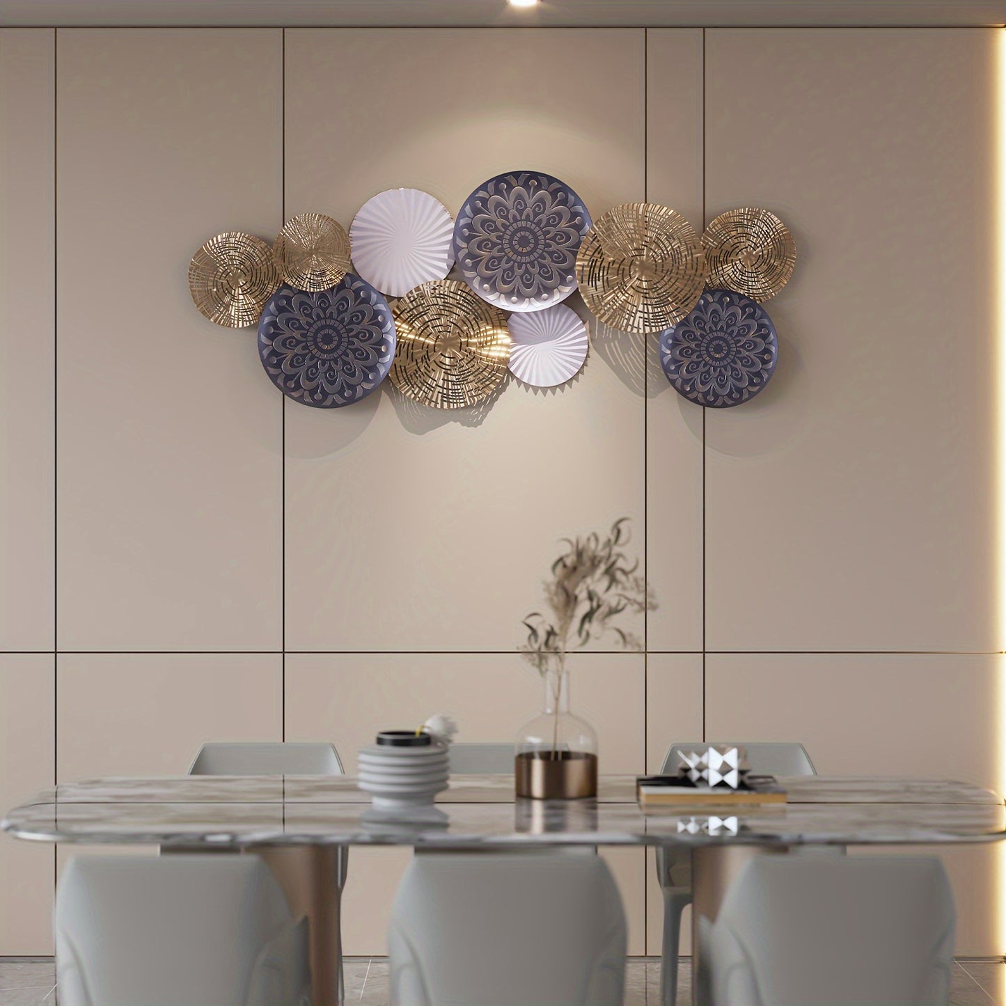 Modern Iron Wall Art Decor - Circular Metal Wall Hanging with Geometric Patterns, White & Golden Finish