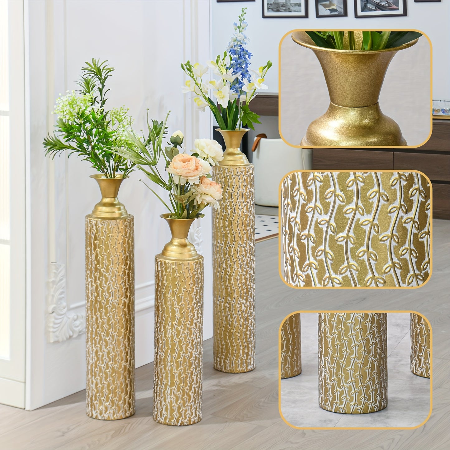 3pcs Set Of Gorgeous Metal Decorative Vases, Various Exquisite Patterned Vases, Home Decoration Flower Pots, Indoor Art Floor Decorations, Flower Arrangement, Fake Flowers, Reed Art, Housewarming Weddings, Mother'S Day Birthdays, Holiday Gifts