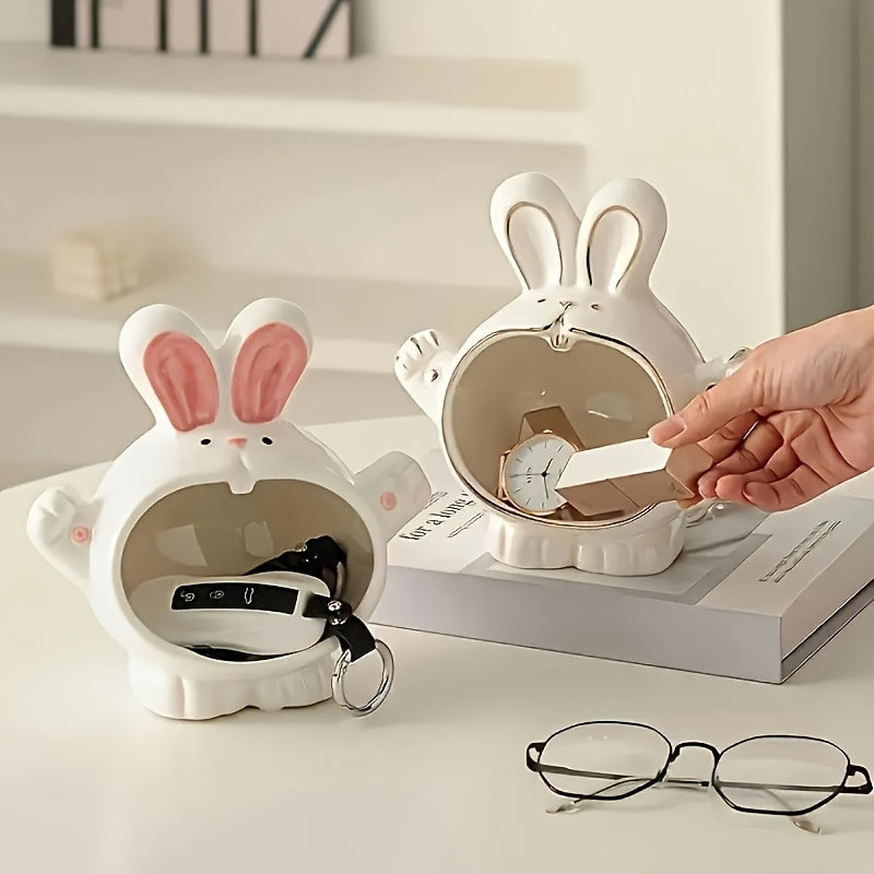 Cute Bunny Figurine Cute White Ceramic Bunny Figurine with Pink Accents | Easter Decorative Statue, Key & Candy Holder for Home or Office, Perfect Gift for Easter, Birthdays, Valentine's Day & Thanksgiving
