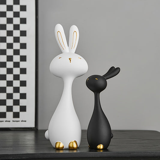 2 pcs Anime-Inspired Resin Bunny Statue Set - Black & White, Charming Gift for Home Decor, Indoor Use, Ideal for Holidays