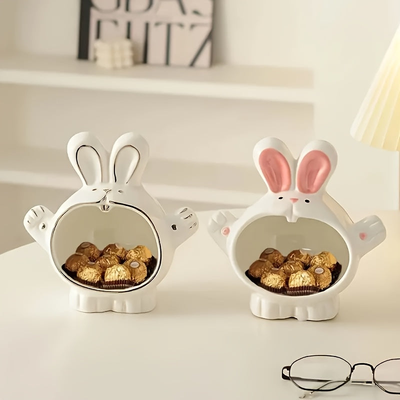 Cute Bunny Figurine Cute White Ceramic Bunny Figurine with Pink Accents | Easter Decorative Statue, Key & Candy Holder for Home or Office, Perfect Gift for Easter, Birthdays, Valentine's Day & Thanksgiving