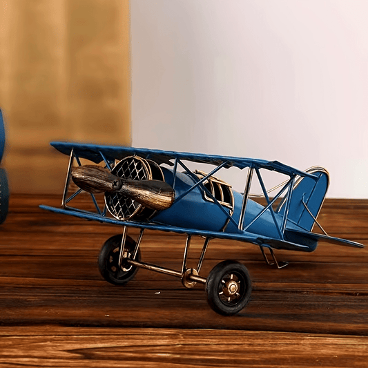 Vintage Blue Iron Airplane Model - Retro 3-Panel Biplane with Golden Gauge Engine, Push-Operated Metal Craft, Ideal for Home and Office Desk Decor, Nostalgic Gift Item|Decorative Aircraft|Detailed Metalwork, Airplane Decorations