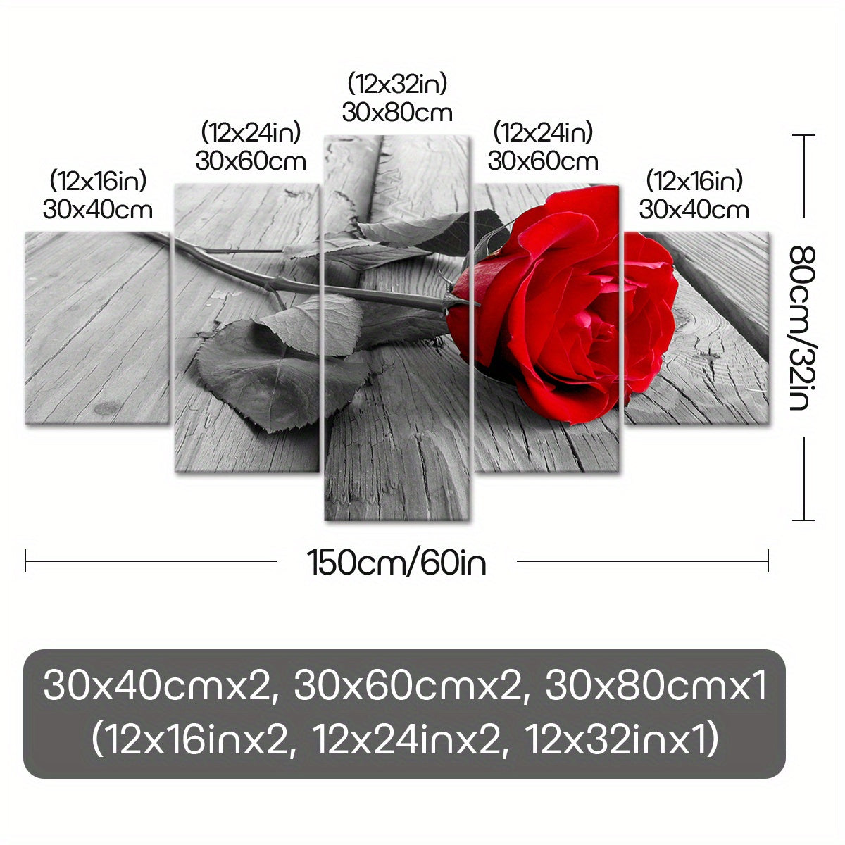 5-Piece Red Rose & Black and White Floral Canvas Wall Art Set