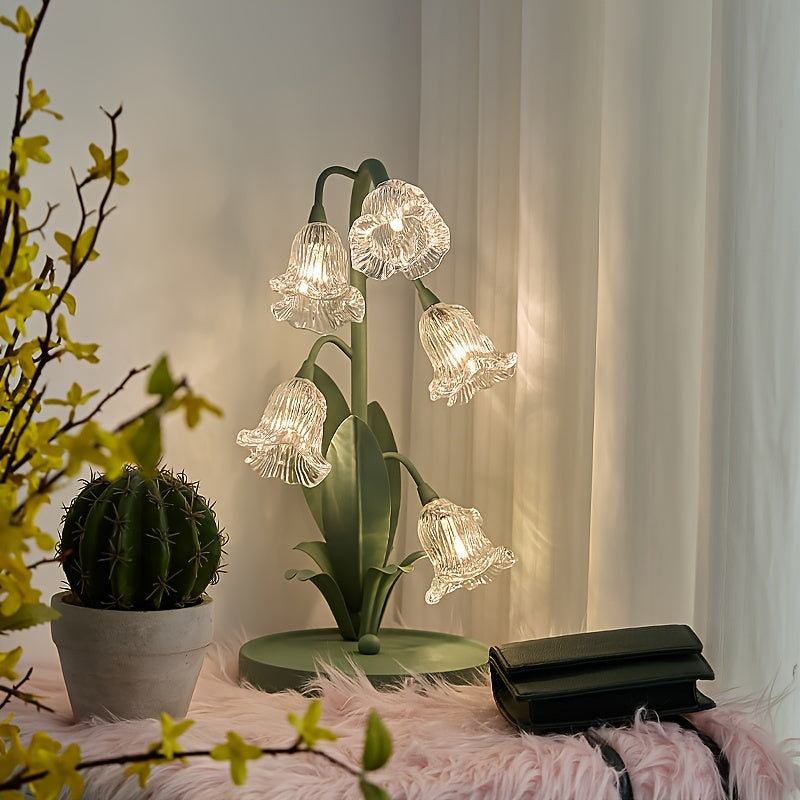 Green Floral Table Lamp - Crystal Glass Shade, Sturdy Iron Frame, USB Powered, Anti-Slip Base for Bedroom, Desk, Study