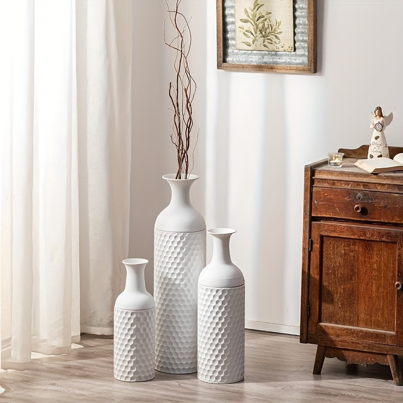 Modern honeycomb texture large black floor vase 27 inch metal floor-to-ceiling vase set 3pcs set large standing vase living room dining room bedroom home corner interior office decoration ornament