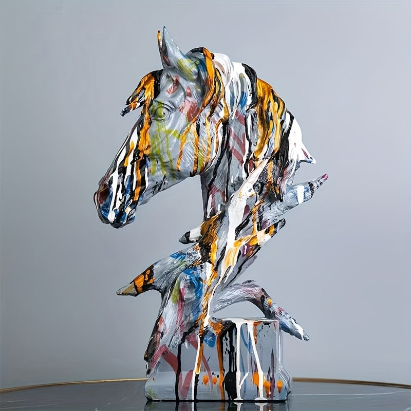 Resin Horse Head Sculpture Vibrant Abstract Resin Horse Head Sculpture | Elegant Floor-Mounted Art Piece for Living Room,