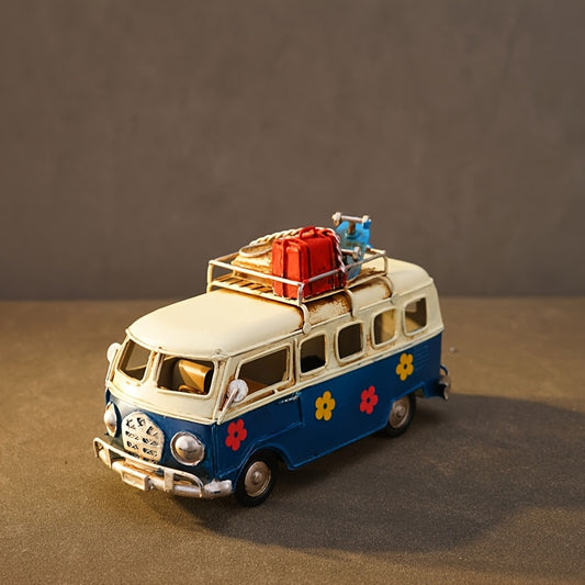 Vintage Iron Art Bus Model with Floral Design - American & European Style, Rustic Decorative Statue for Home, Living Room, or Office Display, Perfect for Christmas, Hanukkah, and More, Bus Decor