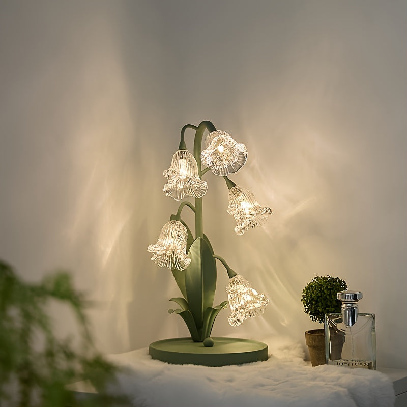 Green Floral Table Lamp - Crystal Glass Shade, Sturdy Iron Frame, USB Powered, Anti-Slip Base for Bedroom, Desk, Study