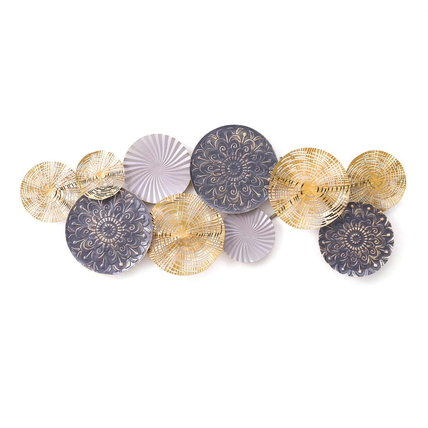 Modern Iron Wall Art Decor - Circular Metal Wall Hanging with Geometric Patterns, White & Golden Finish