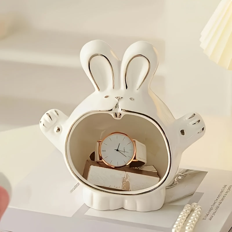Cute Bunny Figurine Cute White Ceramic Bunny Figurine with Pink Accents | Easter Decorative Statue, Key & Candy Holder for Home or Office, Perfect Gift for Easter, Birthdays, Valentine's Day & Thanksgiving