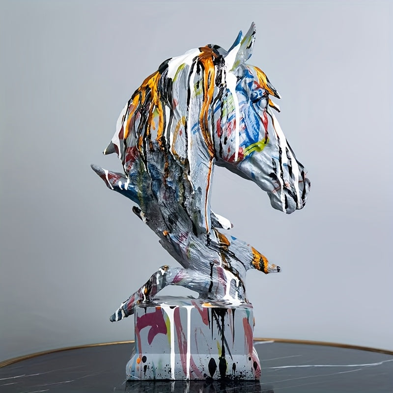 Resin Horse Head Sculpture Vibrant Abstract Resin Horse Head Sculpture | Elegant Floor-Mounted Art Piece for Living Room,