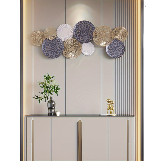Modern Iron Wall Art Decor - Circular Metal Wall Hanging with Geometric Patterns, White & Golden Finish